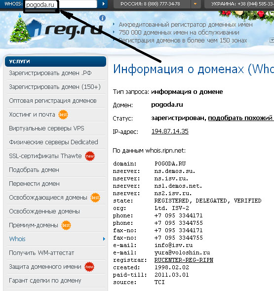 Данных Whois домена, reg.ru